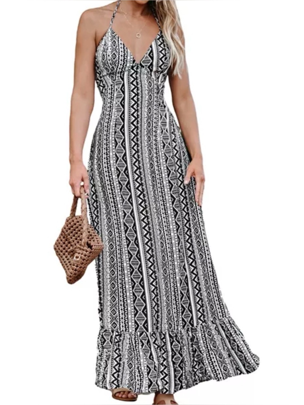 Cupshe Black & White Geometric Halter Maxi Dress
